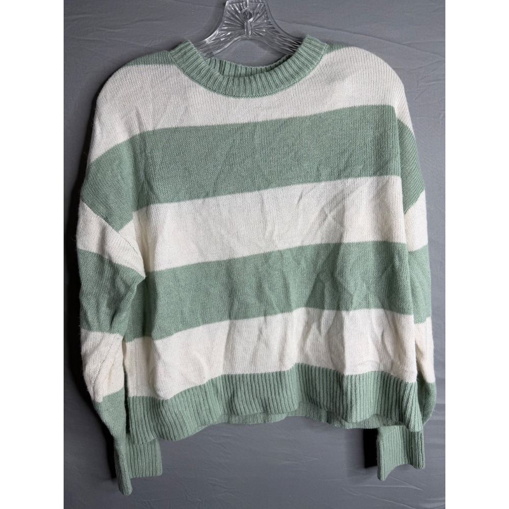 HM Divided Sage Green Cream Striped Crewneck Sweater Size S Relaxed Knit